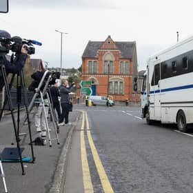 A prison van carrying former DUP leader Jeffrey Donaldson leaves Newry Crown Court after he was sentenced to 15 years in prison for 18 historical child sexual offences, including rape. Picture: Pacemaker