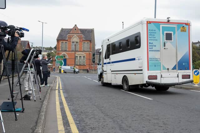 A prison van carrying former DUP leader Jeffrey Donaldson leaves Newry Crown Court after he was sentenced to 15 years in prison for 18 historical child sexual offences, including rape. Picture: Pacemaker
