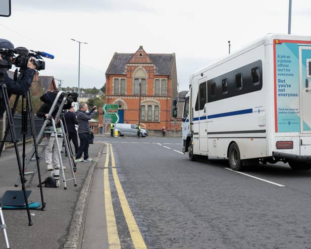 A prison van carrying former DUP leader Jeffrey Donaldson leaves Newry Crown Court after he was sentenced to 15 years in prison for 18 historical child sexual offences, including rape. Picture: Pacemaker