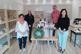 Pictured at Causeway Aromatics' new store in the grounds of Glenarm Castle are: Gina Thomson, owner; the Mayor,  Ald Gerardine Mulvenna; Adrian Morrow, estate manager at Glenarm Castle Estates and Ally McGarry, business client manager, Mid and East Antrim Borough Council. Photo submitted by Mid and East Antrim Borough Council.