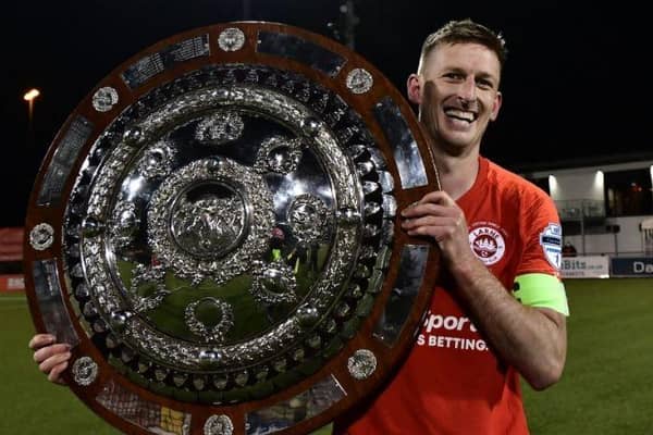 Jeff Hughes pictured after winning the Co Antrim Shield against Glentoran in 2021. (Pic by Pacemaker).