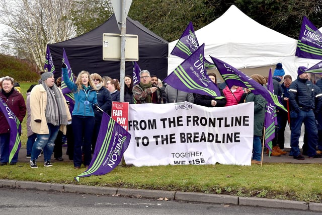 Frontline NHS workers at Craigavon Area Hospital on strike. PT05-205.