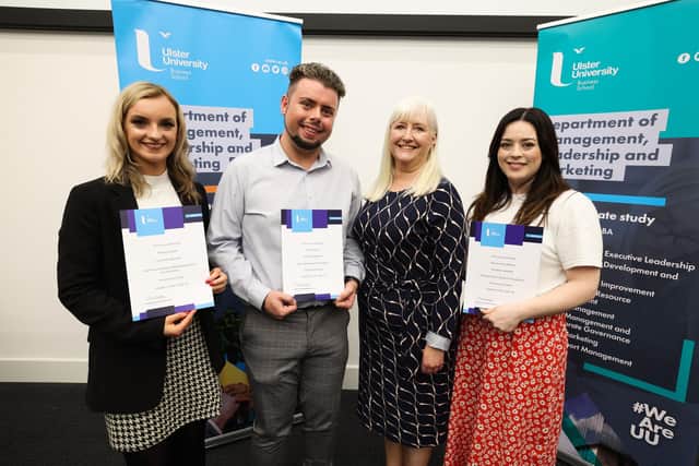Carrickfergus, Greenisland and Newtownabbey locals Rebecca Noble, Daniel Briers and Stacey Nelson and Head of Department at the University of Ulster, Dr Mary Boyd.