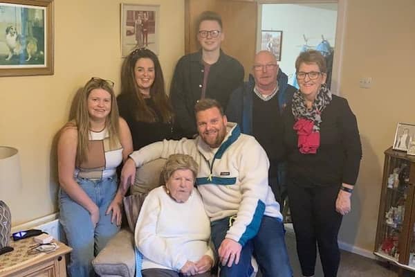 Nana Brown pictured with her much-love family. Included are son David, daughter-in-law, Anne, granddaughter Karen, grandson Marc, great grandson Jacob and great granddaughter, India