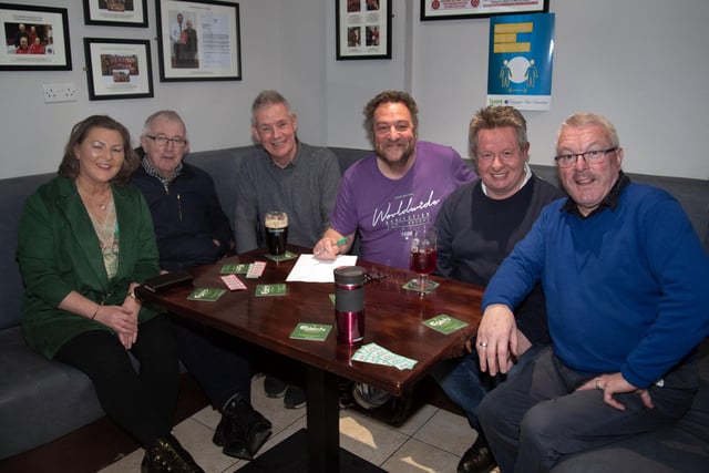 Pictured at the St John the Baptist's College fundraising quiz on Friday night are from left, Catriona Walsh, Eamon McNeill, Jim Lee, Jim McConville, Michael Lee and Jim Livingstone. PT12-269.