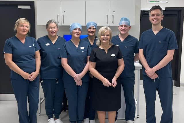 L-R Liz McClean, Barbara Finlay, Bridgean McKay, Ruth Collins, Jill Currie, Mr Michael O’Gallagher, and Dr Mark Maguire, Solasta’s specialist eye care team, pictured on their first full day of cataract surgeries at the new clinic in The Boulevard, Banbridge.