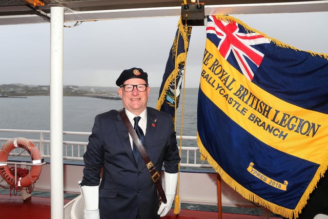 Eric Wilson on board the Spirit of Rathlin boat at HMS Drake site