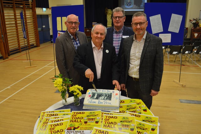 John Wilkinson Teacher in 1973 and former Headmaster of Dromore High, Peter Forrestal, Alan Poots Toad in the production and current Head of Board of Governors and Ian McConaghy Headmaster.