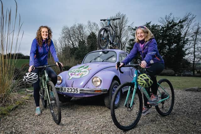 Andrea Harrower (50) from Dromara and Cathy Booth (47), from Hillsborough are calling on local people to get on their bike for charity. Pic credit: NIPANC