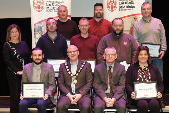 Pictured with the Chair of the Council, Councillor Dominic Molloy and Chief Executive, Adrian McCreesh are members of staff from Mid Ulster District Council who received an award for completing the I.L.M Level 3 Award in Leadership and Management.