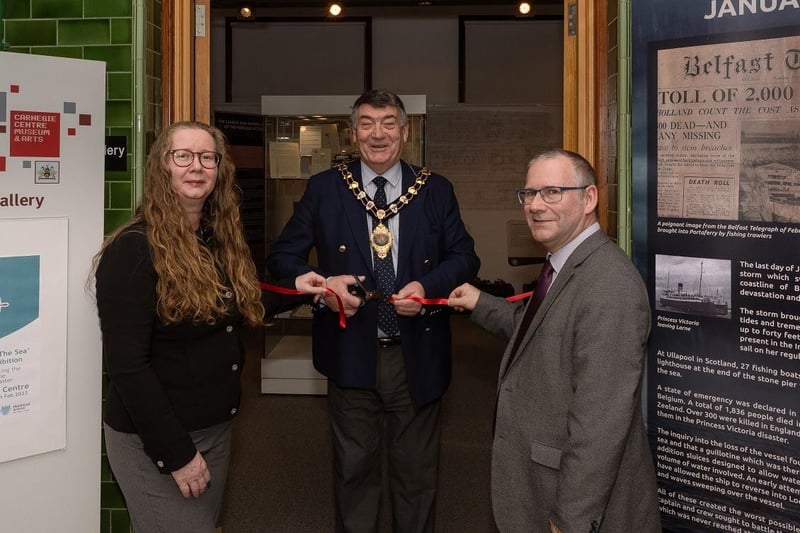 Marian Kelso of Larne Museum and Arts Centre; the Mayor of Mid and East Antrim, Alderman Noel Williams and Dr. David Hume, civic events co-ordinator, at the MV Princess Victoria related exhibition launch.