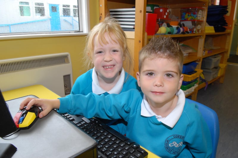 Corran Integrated Primary School P1 pupils Jude and Lexie on the computer back in 2011. INLT 42-319-PR