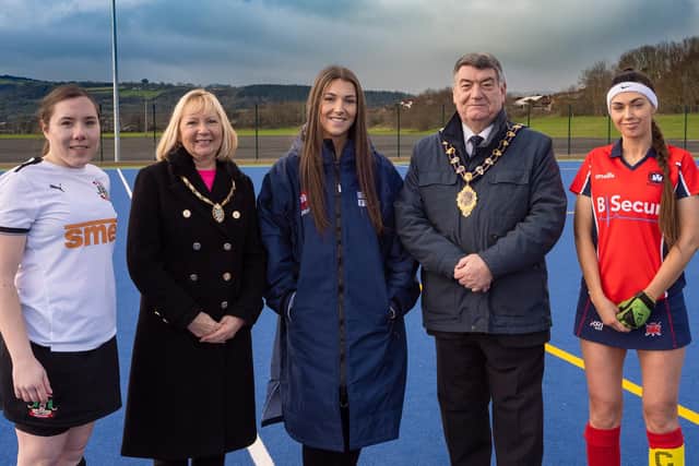 Kathryn Baird, captain of  Newry Olympic 1st XI; Jessica McKee, Jeanius men’s clothing store, Carrickfergus and Lyndsey McClurg, captain of Castle 1st XI; with the Mayor and Mayoress,  Alderman Noel and Sheila Williams.