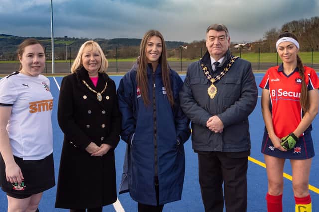Kathryn Baird, captain of Newry Olympic 1st XI; Jessica McKee, Jeanius men’s clothing store, Carrickfergus and Lyndsey McClurg, captain of Castle 1st XI; with the Mayor and Mayoress, Alderman Noel and Sheila Williams.