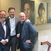 From left: Jimmy Fay Executive Producer Lyric, (right) Sir Bruce Robinson (Lyric Chair) with Lyric patron Liam Neeson. Picture: Lyric Theatre library.