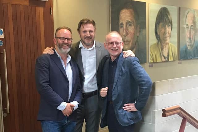 From left: Jimmy Fay Executive Producer Lyric, (right) Sir Bruce Robinson (Lyric Chair) with Lyric patron Liam Neeson. Picture: Lyric Theatre library.