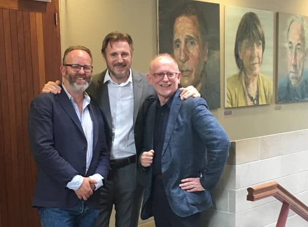 From left: Jimmy Fay Executive Producer Lyric, (right) Sir Bruce Robinson (Lyric Chair) with Lyric patron Liam Neeson. Picture: Lyric Theatre library.
