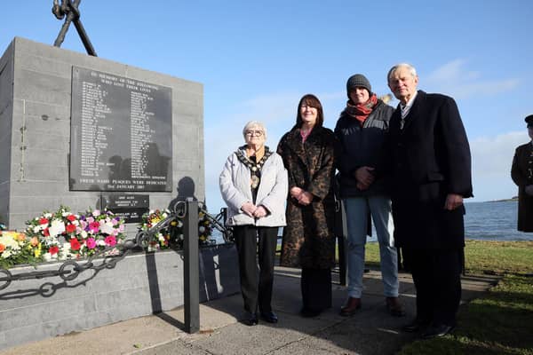 Amongst those attending the service was Mary Robin and her brother, Joseph Fennell.  Their grandmother, Mary Fennell was amongst those who died; her body was never recovered.  A plaque in her honour was added to the Larne memorial for the first time with her grandchildren being joined by the Mayor of Mid and East Antrim Council, Cllr Beth Adger and the Queen's Lord Lieutenant for Co. Antrim, David McCorkell.