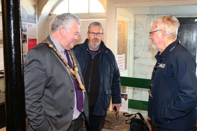 Mayor Cllr Ivor Wallace with James McCurdy and Rodger Perritt pictured at the opening of Ballycastle Museum on Saturday