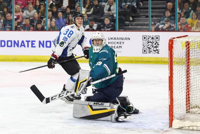 Belfast Giants All Stars’ Petr Cech with Dnipro Kherson’s Serhii Stetsiura during Wednesday’s game at the SSE Arena, Belfast in support of Ukrainian Hockey Dream. Photo by William Cherry/Presseye
