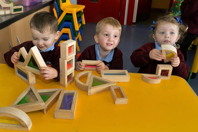 Having fun with block shapes in Ballyoran Primary School Nursery Unit are pupils from left, Declan, Freddie and Caileigh. PT4-329.