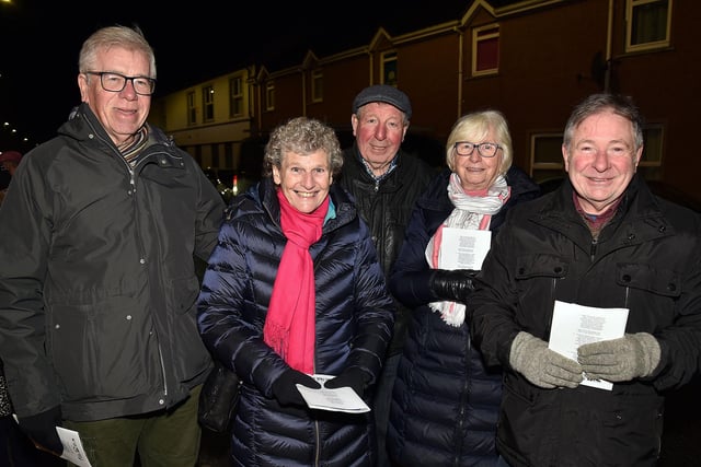 Joining in the carol singing at the Thomas Street Methodist Church Christmas lights switch on are from left, Richard and Carol Newell, Aubrey and Joan Maginn and David Gates. PT50-201.