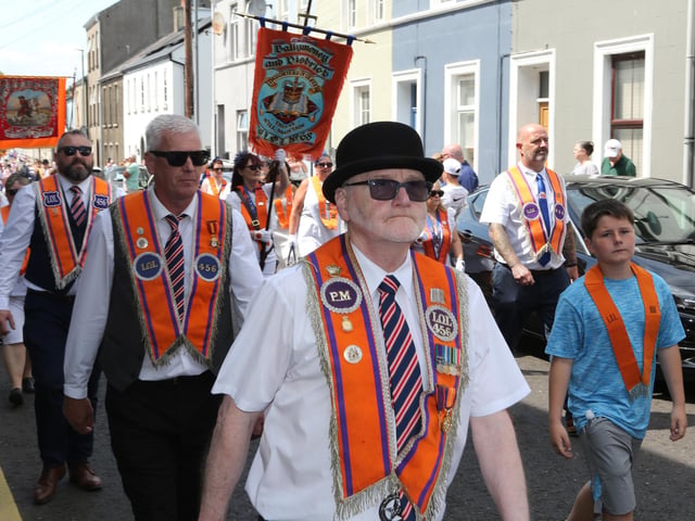 Ballymoney, Rasharkin, Cloughmills, Bushmills and Ballycastle were in attendance at the Twelfth demonstration in Ballymoney with a total of 43 Lodges and 22 bands.