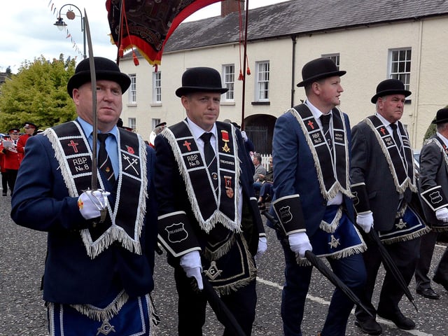 Officers of the Primatial Chapter No, 4, Armagh leading the way during the RBP Last Saturday parade in Loughgall. TH29.