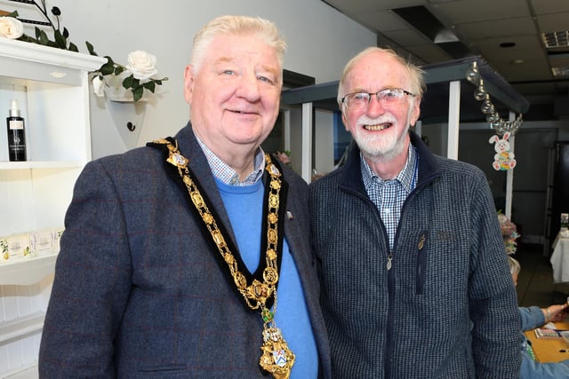 Mayor Cllr Steven Callaghan and Brian Dillon pictured at the RNLI Coffee morning in Cushendall