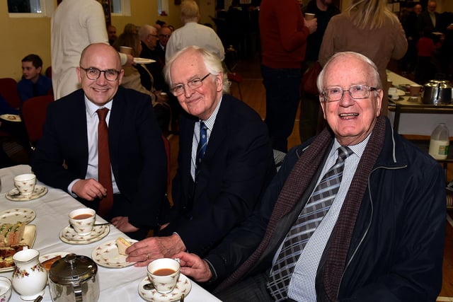 Pictured at the 1st Charlemont and Cranagill BB 40th anniversary event are from left, David Blevins of Sky News who was the guest speaker,; Rev Brian Fletcher, former minister at the church, and Kenny Twyble, past battalion president. PT03-224.