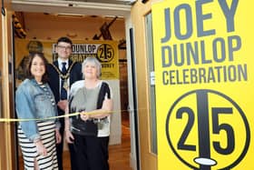 Mayor of Causeway Coast and Glens, Councillor Ciarán McQuillan pictured at the launch of the Joey 25 exhibition in Ballymoney Museum alongside Joey’s wife Linda Dunlop and daughter Joanne McCammond.