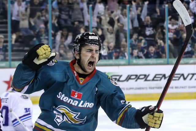 Belfast Giants' David Goodwin celebrates scoring his penalty in the penalty shootout during last season's Elite Ice Hockey League Playoff game against Coventry Blaze at the SSE Arena, Belfast. Picture by William Cherry/Presseye