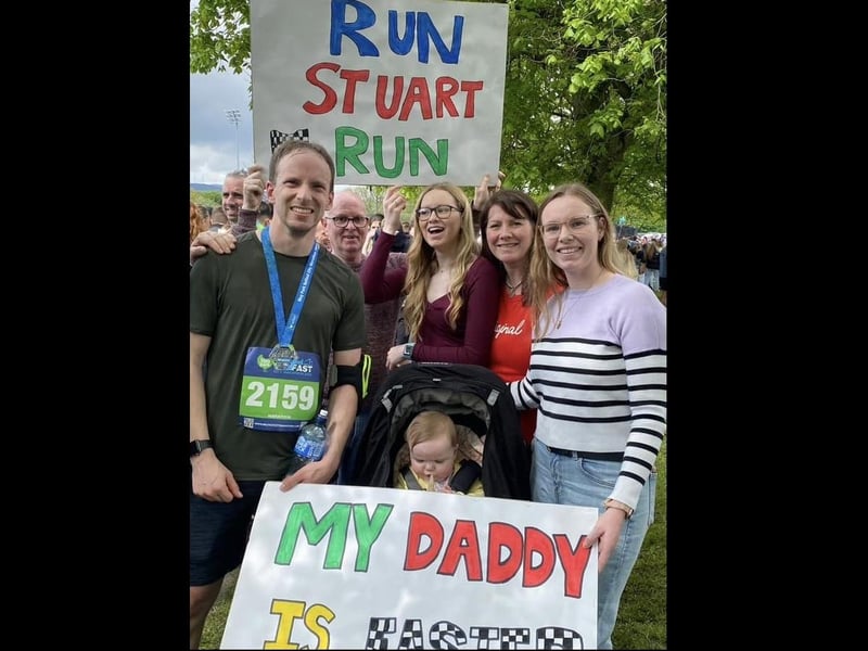 "Stuart Black ran his first marathon in just under four hours to raise money for Belfast Trust oncology ward in memory of my cousin Lisa English.