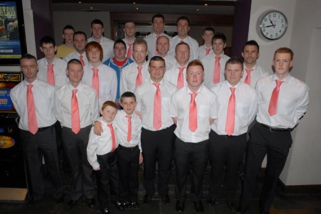 The FC Larne team pictured in Chekkers Wine Bar where they were treated to a breakfast before the 2010 Canada Trophy final with Magherafelt held in Broughshane. The team went on to win the trophy.