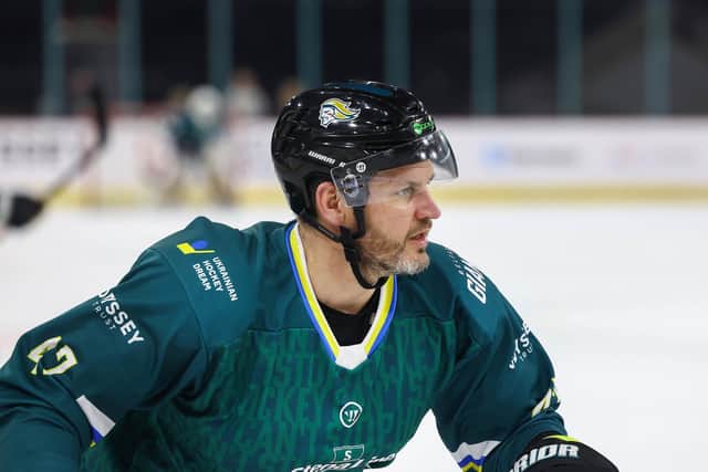 Belfast Giants All Stars’ Adam Keefe during Wednesday’s game against Dnipro Kherson at the SSE Arena, Belfast in support of Ukrainian Hockey Dream. All of the proceeds from the game's ticket sales will be donated to the Ukrainian Hockey Dream in support of their continued work to reinstate ice hockey throughout Ukraine.    Photo by William Cherry/Presseye