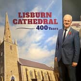 Councillor Thomas Beckett, Communities & Wellbeing Chairman at Lisburn & Castlereagh City Council Committee, Dean of Connor, the Very Rev Dean Sam Wright, and David Burns, Chief Executive of Lisburn & Castlereagh City Council at the exhibition launch. Pic credit: Lisburn Museum