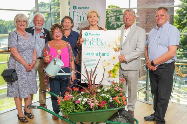 At the launch of Translink Ulster in Bloom 2023 are, from left to right: Yvonne Carlton and David Brown, Brighter Whitehead; the Mayor of Mid and East Antrim Ald Gerardine Mulvennal; Lindsay Houston, Mid and East Antrim Council; Marie Mallon OBE, Translink non-executive director; Cllr Billy Webb MBE, vice president of NILGA Vice and Alex Carmichael, Mid and East Antrim Council. Credit: Aaron McCracken