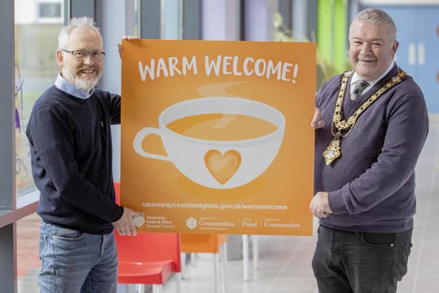 The Mayor of Causeway Coast and Glens Borough Council, Councillor Ivor Wallace, pictured at Flowerfield Arts Centre in Portstewart with a member of U3A Coleraine, as Council launches its new Warm Welcome Spaces directory.