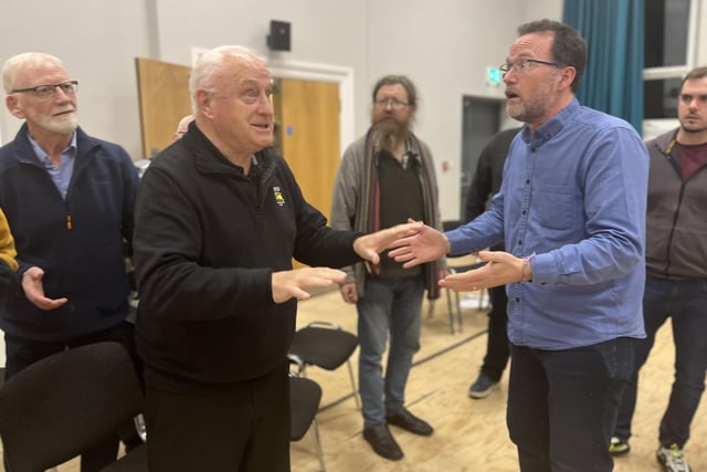Pictured in rehearsals for Ballywillan Drama Group's production of Fiddler on the Roof are Harry Stinson and David McDowell.