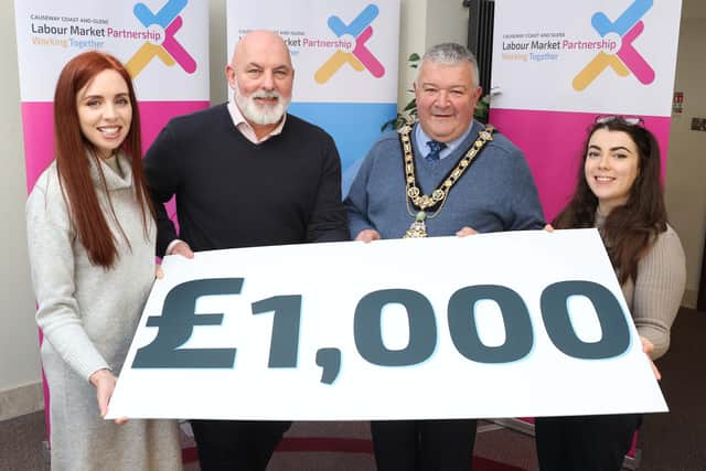 Pictured at the launch of a new £1000 Start-Up Bursary scheme from Causeway Coast and Glens Labour Market Partnership are Dearbhaile Hutchinson, Marc McGerty, the Mayor of Causeway Coast and Glens Borough Council, Councillor Ivor Wallace, and Chloe Stewart