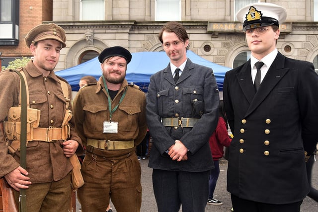 Members of the Northern Ireland Historical Airsoft Society on duty in Portadown on Saturday. Included from left are, James McNeill, Jamie-Lee Sterritt, William Best and Michael Parfitt. PY41-210.