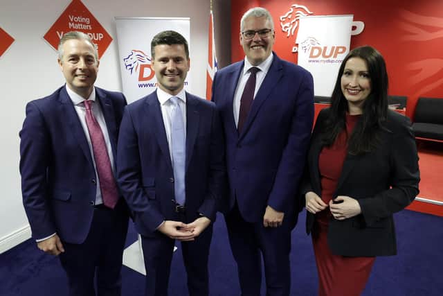 Paul Givan, Jonathan Buckley, Gavin Robinson and Emma Little-Pengelly at DUP headquarters. Photo by Jonathan Porter /Press Eye
