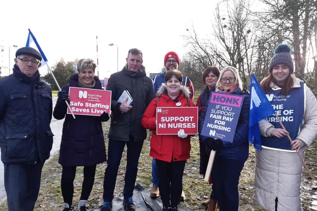 Politicians join nurses on the picket line at Craigavon Area Hospital, Co Armagh on Tuesday, December 20, 2022.