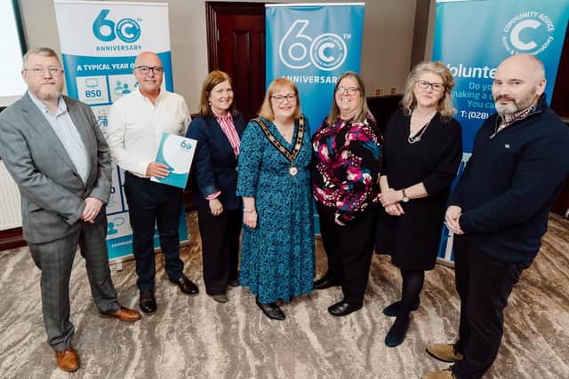 Left to right: Iain Patterson, chairperson; Ray Caldwell, director VCD at Department for Communities; Fionnuala O'Donell, manager Antrim Foodbank; Deputy Mayor, Cllr Julie Gilmour; Lorraine Adamson, area manager CAAN; Ursula O'Hare, head of NI Joseph Rowntree Foundation and Lee Williamson, client and advisor.
