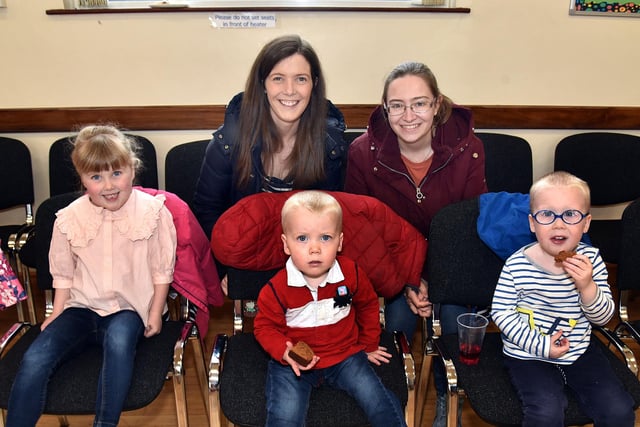All smiles at the Loughgall Playgroup coffee morning are Sarah McKelvey, back left, and Katrina Smith with the McKelvey children from left, Lydia (5), Joshua (2), and Jonathan (3). PT16-207.