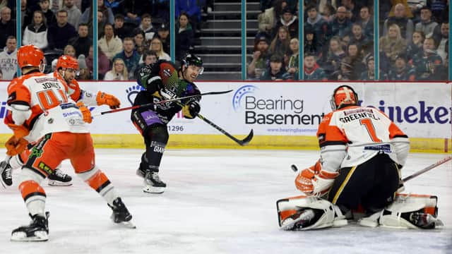 Belfast Giants' Scott Conway with Sheffield Steelers’ Matthew Greenfield during Friday’s Elite Ice Hockey League game at the SSE Arena, Belfast.   Photo by William Cherry/Presseye