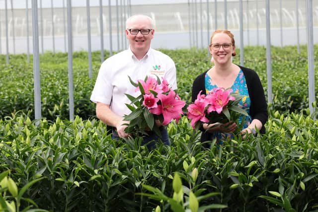 Portadown-based flower growers, Shane and Therese Donnelly at Greenisland Flowers have significantly increased supply to M&S. A supplier of scented stocks to M&S for over 20 years, Greenisland Flowers is one of the leading cut flower growers in Northern Ireland and as well as growing tulips and lilies for the retailer, has also enhanced its offering with the provision of a hand-tied packing service, with ninety percent of bouquets sold in M&S stores across Ireland hand-tied by the Greenisland team. Pictured l-r are Shane and Therese Donnelly from Greenisland Flowers.