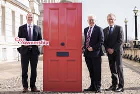Minister Gordon Lyons with Co-Ownership director of finance, Andrew Shott and chief executive, Mark Graham. From April 1, the property value limit for Co-Ownership homes will rise from £195,000 to £210,000. In addition, the minister has announced £153m to fund the scheme for the next four years. Photo: submitted