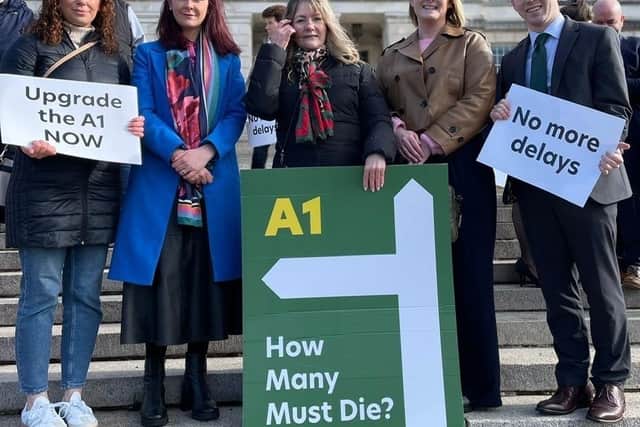 Pictured on the steps of Stormont, Ciara Sands, Sinead Lunny, Monica Heaney, Cllr Joy Ferguson and Eoin Tennyson MLA.