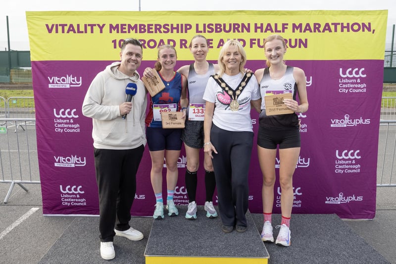 Women’s Half Marathon winners. Gillian McCrory (1st), Kate Mulholland 2nd and Naomi McGuckin (3rd) with Cool FM's Pete Snodden and Lisburn and Castlereagh Mayor Amanda Grehan